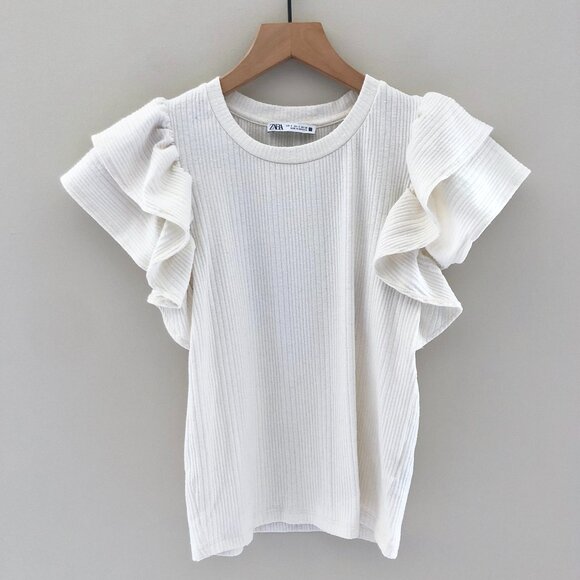 ZARA Ribbed Top with Ruffles - Picture 1 of 4